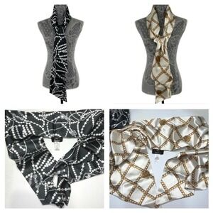 Set of 2 Dennis Basso‎ Satin Scarf Black White Gold Print Fashion Accessory